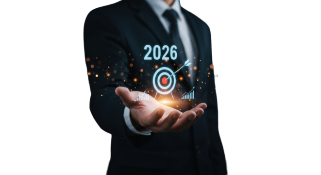 Businessman Presenting Digital Target With Glowing Light Representing 2026 Target in Black Suit with Transparent Background