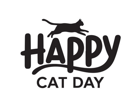 A leaping black cat appears atop the 'Happy Cat Day' inscription against white