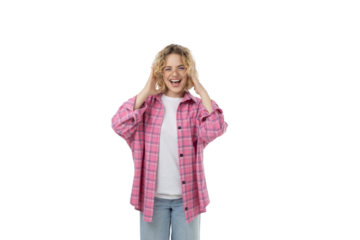 Joyful woman shows excitement with a bright smile, isolated, PNG
