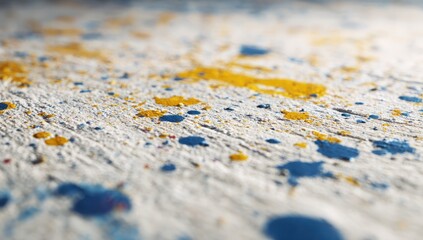 Artistic abstract blue & yellow paint splatter on white surface for creative use