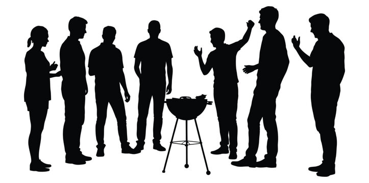 A man grilling meat standing on the side of the road vector.Backyard barbecue party with friends enjoying summer grilling and good company in silhouette for lifestyle brand