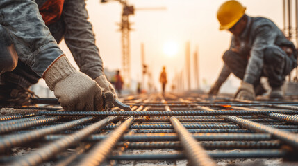 Construction workers tying rebar on a foundation site during sunset
