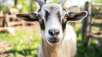 Fototapeta premium Portrait of a Curious Goat on a Sunny Farm Day