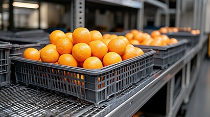 Fresh oranges in dark plastic crates on a conveyor belt.
