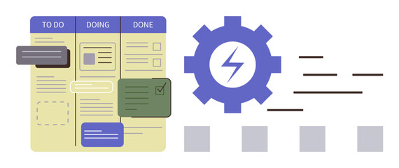Kanban board showcasing task stages To Do, Doing, Done, paired with automation gear symbol and icons. Ideal for project management, productivity, teamwork, process optimization, strategy workflow © robu_s