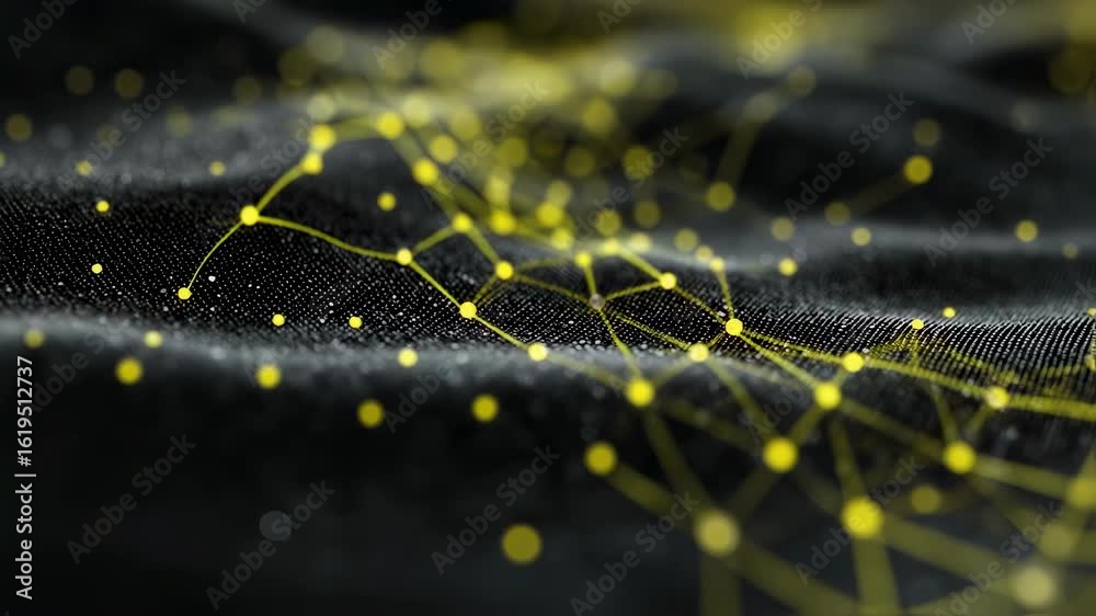 Wall mural yellow glowing network mesh connecting points on a dark textured surface, symbolizing innovation and