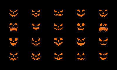 Collection of spooky jack o lantern faces on black background