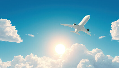 Airplane Ascending Through Fluffy Clouds Under Bright Sky with Radiant Sun in Background, Symbolizing Travel and Adventure