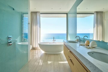 Luxury Modern Bathroom with Ocean View Bathtub and Rainfall Shower