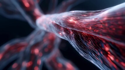 Medical 3D render of skeletal muscles under strain pulsating with bright red signals indicating electrolyte deficiency and heat cramp symptoms.