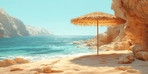 Sunny Beach with Straw Umbrella and Rocky Cliffs Under Clear Sky