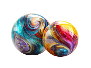 Two vibrant, glossy spheres, swirled with multicolored marbling.  A larger sphere is teal and gold, while the smaller sphere is yellow and red,  both with a translucent, almost glass-like quality