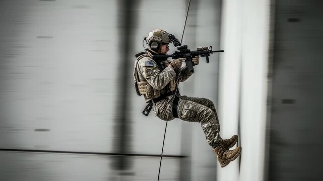Soldier rappelling down building wall during special forces tactical operation in full battle gear footage.