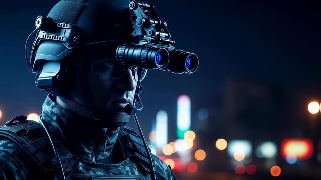 Tactical spec force soldier with night vision goggles ready for night operation, urban city lights footage.
