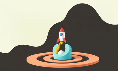 3D Render of a Colorful Rocket Launching from a Curved Platform with Abstract Shapes Against a Soft Background