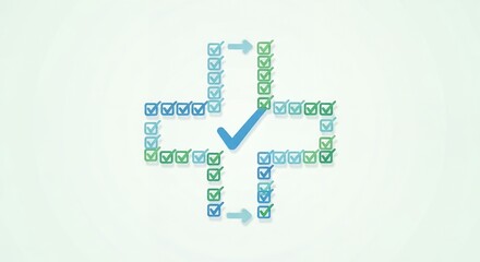 Obraz premium Medical Cross Symbol Made of Checkmarks in Green and Blue Colors with Large Checkmark in Center on Light Background Healthcare Concept