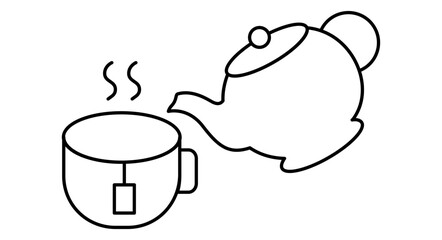 The teapot pours tea into the teacup. Line icon. Flat vector illustration isolated on white background.