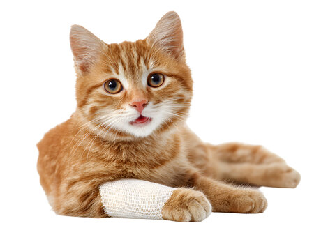 AI generated happy ginger tabby cat with front leg bandage symbolizing loving feline care and injury recovery concept white background veterinary treatment and pet first aid - Powered by Adobe