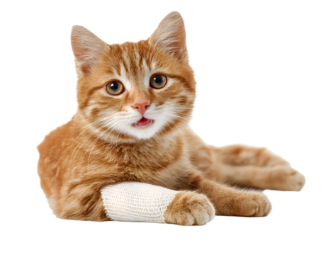 AI generated happy ginger tabby cat with front leg bandage symbolizing loving feline care and injury recovery concept white background veterinary treatment and pet first aid