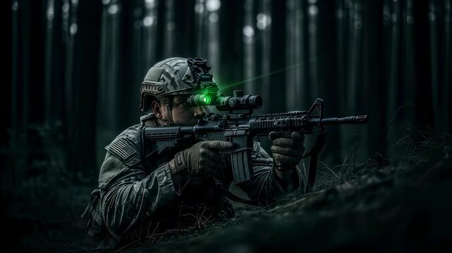 Soldier in forest aims rifle with night vision. Tactical operations in dark woodland environment. Military training footage.