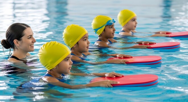 Swimming Lesson for Kids Happy multiethnic children in yellow caps having a swimming lesson with their female coach in the pool.