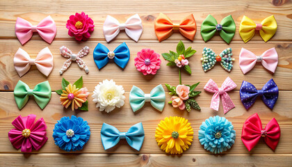 Fototapeta premium Collection of colorful children’s hair accessories including bows and flowers neatly arranged on a wooden table, representing playful and stylish childhood fashion.