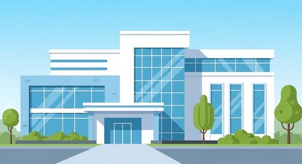 Modern White Medical Center Exterior with Blue Sky and Green Landscape Flat Design Illustration