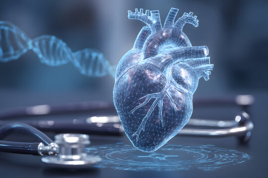 AI generated realistic holographic human heart floating above stethoscope with DNA and medical data interface in futuristic blue tone concept of precision diagnosis - Powered by Adobe
