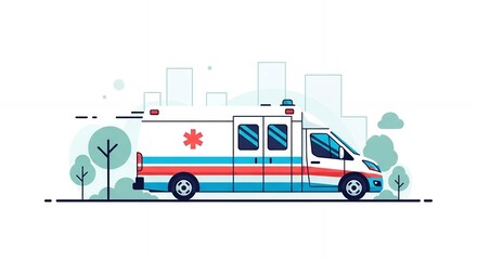Fototapeta premium Pixel Art Ambulance With Red and Blue Stripes on White Body and Abstract Cityscape Background