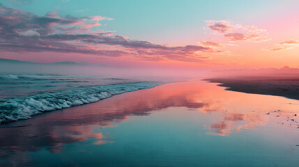 Fototapeta premium Romantischer Sonnenuntergang am Strand mit reflektierendem Wasser 