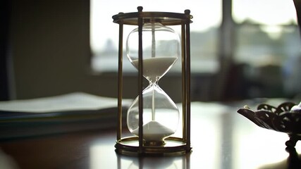 Elegant Hourglass with White Sand on Wooden Table Brass Frame in Warm Sunlight - Powered by Adobe