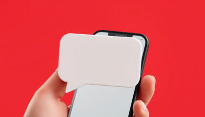 Hand holding smartphone with blank speech bubble on red background symbolizing communication and conversation in digital age