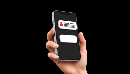 Modern smartphone in hand displaying messaging app interface with contact icon and blank message area on simple black background