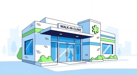 Pixel Art of a Walk-In Clinic with Green Medical Star White Exterior and Blue Accents Featuring Minimalist Cityscape Serene and Inviting Healthcare Scene