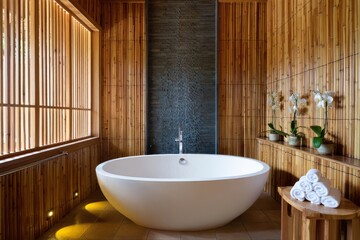 Serene Natural Bathroom Oasis With Freestanding Tub and Bamboo Accents