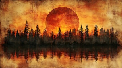 Fiery sunset over a forest reflecting on a lake.