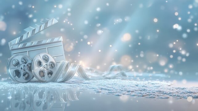  winter-themed digital illustration with a white and soft-blue film clapperboard on the left, accented with silver-blue stripes. A curling pearl-white film strip flows to the right