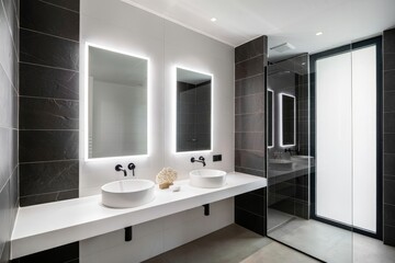 Modern Minimalist Bathroom Design with Sleek Vanity and Backlit Mirrors