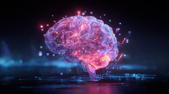 A glowing 3D brain constructed from hundreds of intersecting light beams in hues of red, pink, and electric blue.