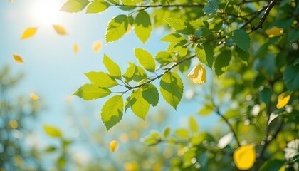 Vibrant green leaves and fluttering yellow leaves against a light blue sky.