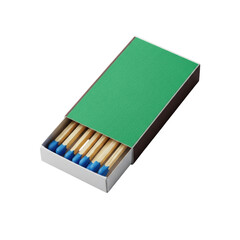 Fototapeta premium Emerald green rectangular textured cardboard matchbox with four visible wooden matches, vivid blue tips, on a pristine transparent seamless studio background, no shadows. Concept of precise product