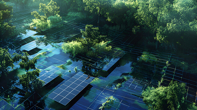 Aerial view of solar panels interspersed with trees creating a grid like pattern in a forest area .