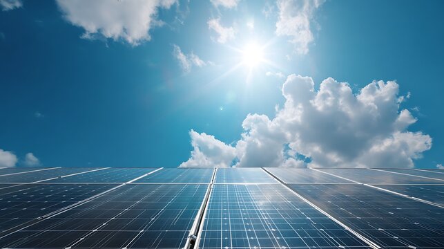 Low angle, sunlit solar panels on residential roof, vibrant blue sky, energy independence, renewable energy .