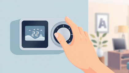 Modern Thermostat Control with Hand Adjusting Temperature in Cozy Living Room Setting for Smart Home Concept