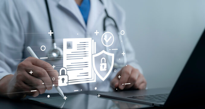 Doctor using tablet to manage secure medical records with data protection shield privacy system medical document encryption health cybersecurity digital safety