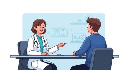 Doctor Consulting with Patient in a Medical Clinic Illustration Featuring a White Coat and Blue Shirt at a Light Blue Desk with Medical Charts on a Light Blue Background