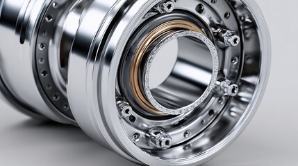 Close Up View Of Polished Metal Machine Component With Circular Rings And Detailed Design