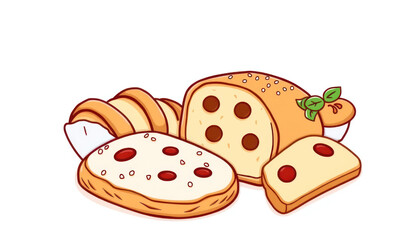 Illustration of Various Types of Bread and Pastries on a Clean Background Featuring Slices, Rolls, and Toppings