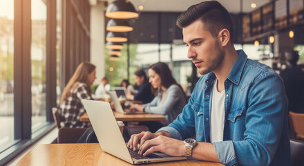 Young man working remotely on laptop in modern cafe with relaxed atmosphere.