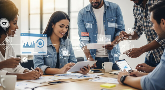 Diverse team collaborating on digital project with futuristic analytics overlay.